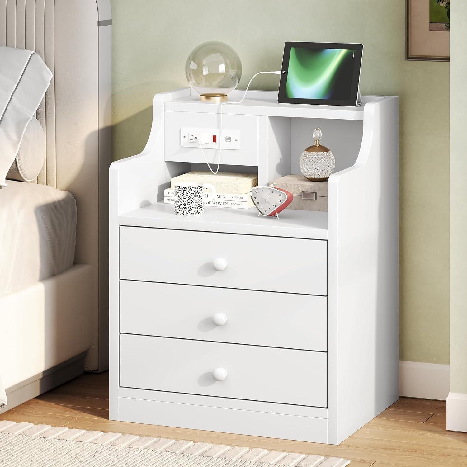 White Bedside Table with USB Ports & Outlets & Hutch, 3 Drawers Nightstand for Bedroom Living Room