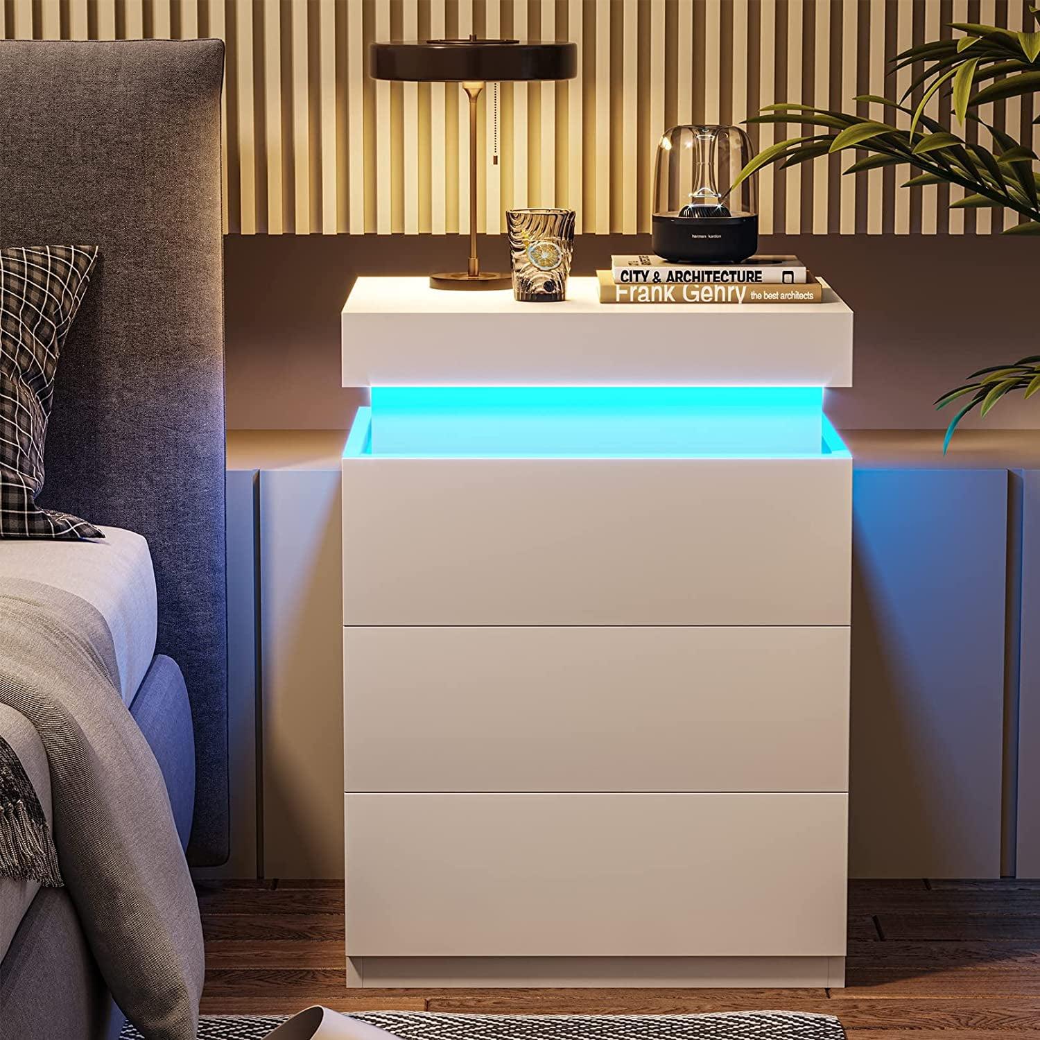 White Modern LED Nightstand with 3 Storage Drawers