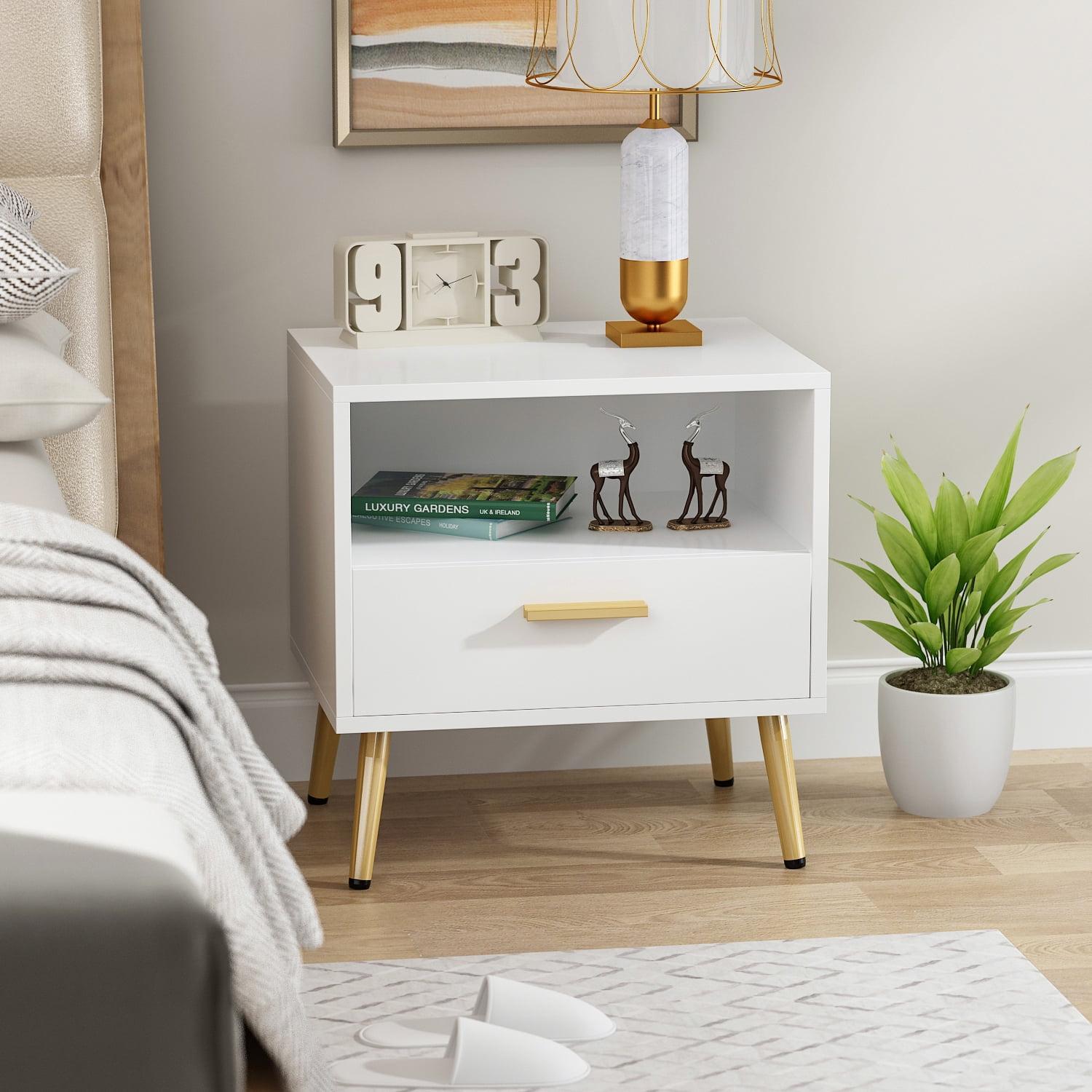 White Particle Board Nightstand with Drawer and Open Compartment