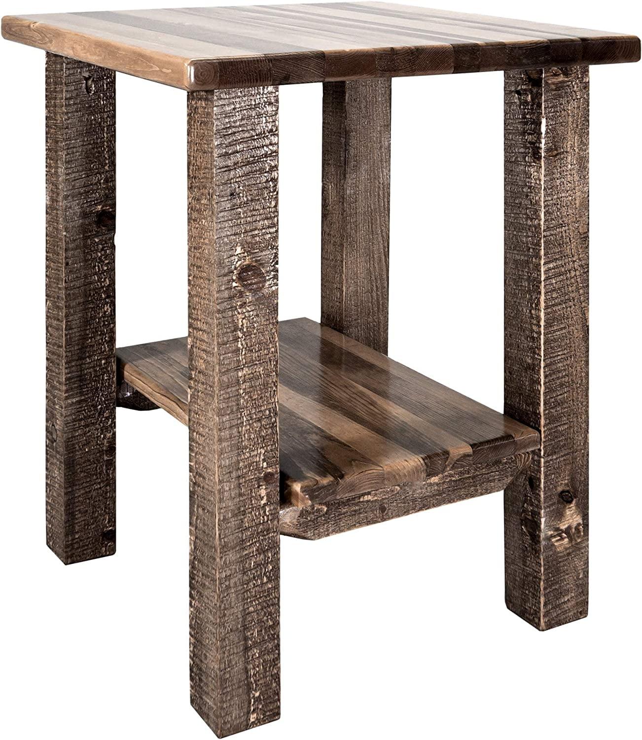 Rustic Early American Pine Wood Nightstand with Shelf