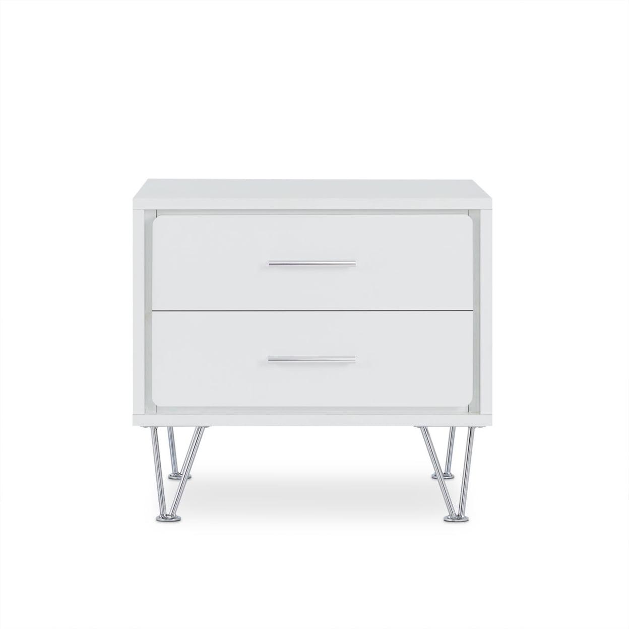 Modern White 2-Drawer Nightstand with Chrome Accents