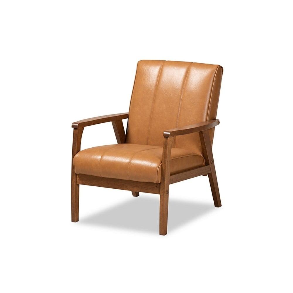 Ergonomic Mid-Century Tan Faux Leather & Walnut Wood Accent Chair