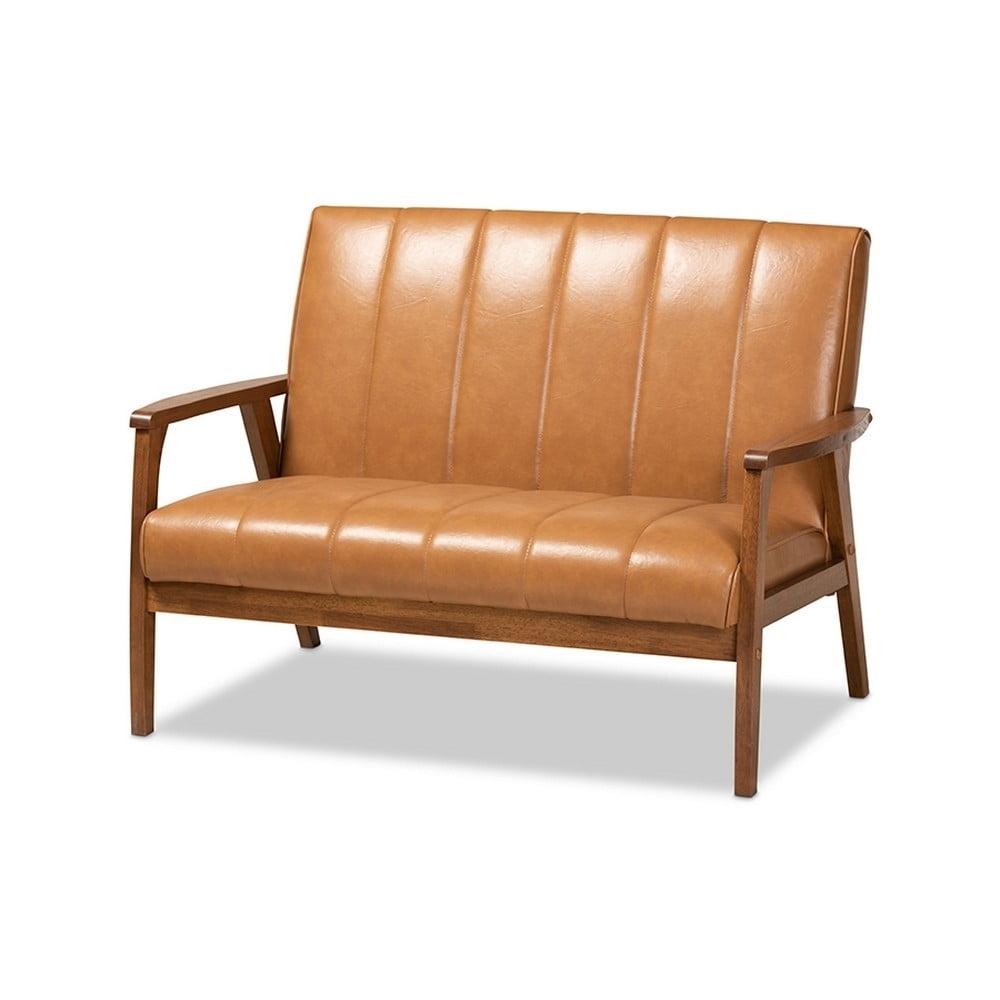 Nikko Mid-Century Modern Tan Faux Leather Loveseat with Walnut Wood