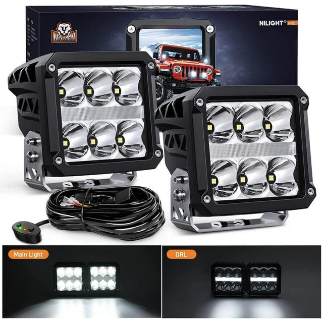 Nilight 4 Pulgadas Cuadrada Pod con DRL 6487LM 10 ° Súper Punto 16AWG Kit de Arnés de Cableado para Trabajos Auxiliares de Conducción Todoterreno 4x4 Jeep Llevó la Luz Antiniebla Automotriz Se Adapta a Camión, UTV, ATV, SUV, 60W
