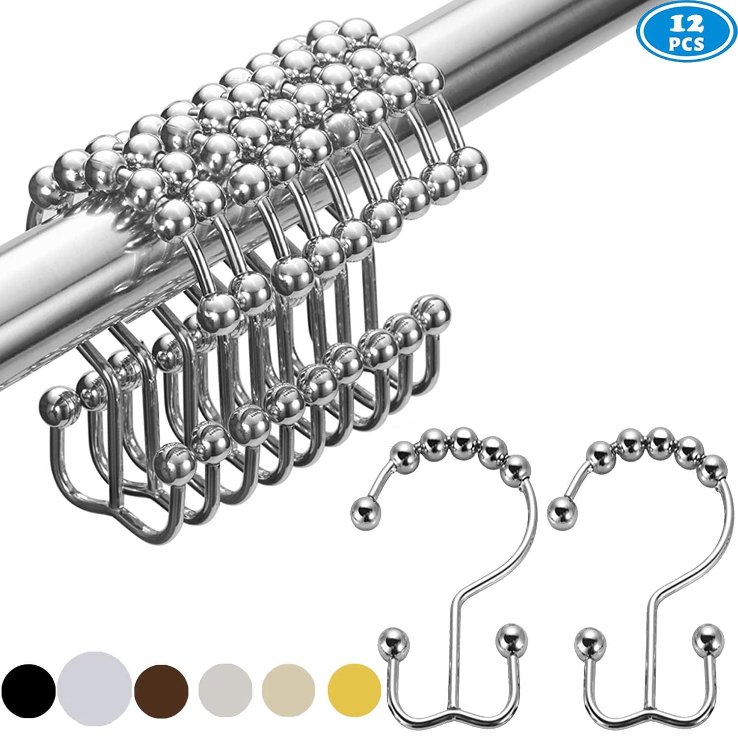 AmazerBath Shower Curtain Hooks Rings, Rust-Resistant Metal Double Glide Shower Hooks for Bathroom Shower Rods Curtains, Set of 12 Hooks - Silver