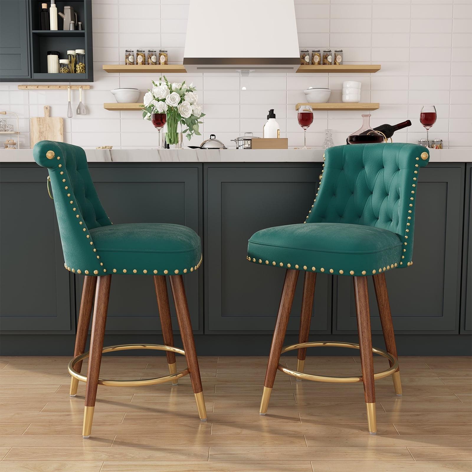 Green Velvet Upholstered Swivel Counter Stools with Wood Legs, 24" Set of 2