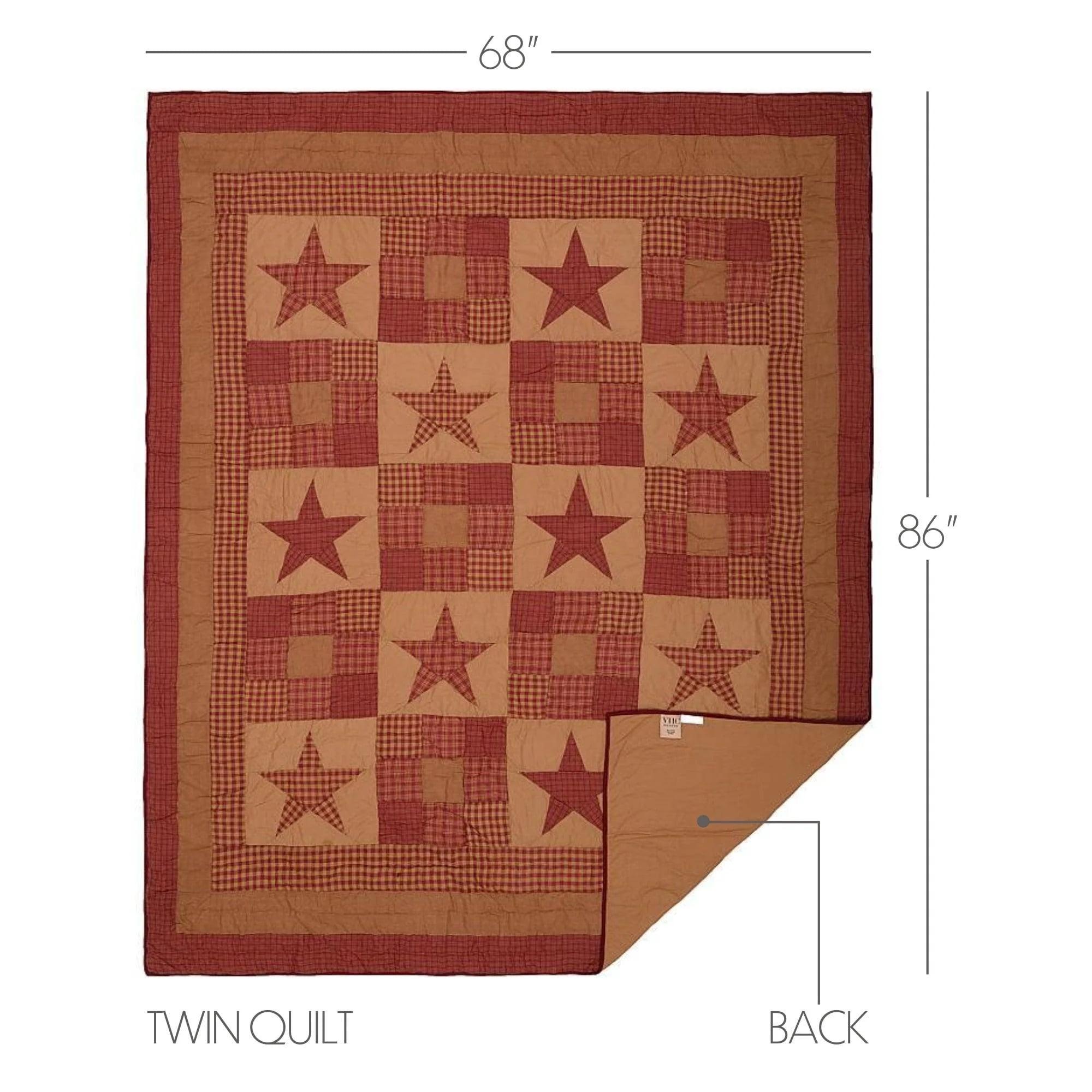 Ninepatch Star Twin Reversible Cotton Quilt in Burgundy and Tan