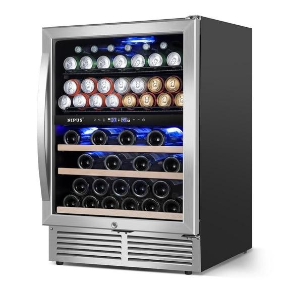 Nipus 24 Inch 94 Can and 27 Bottle Dual Zone Wine & Beverage Refrigerator Freestanding Built-in Beer and Drink Cooler with Glass Door For Kitchen, Bar or Office Classic Series