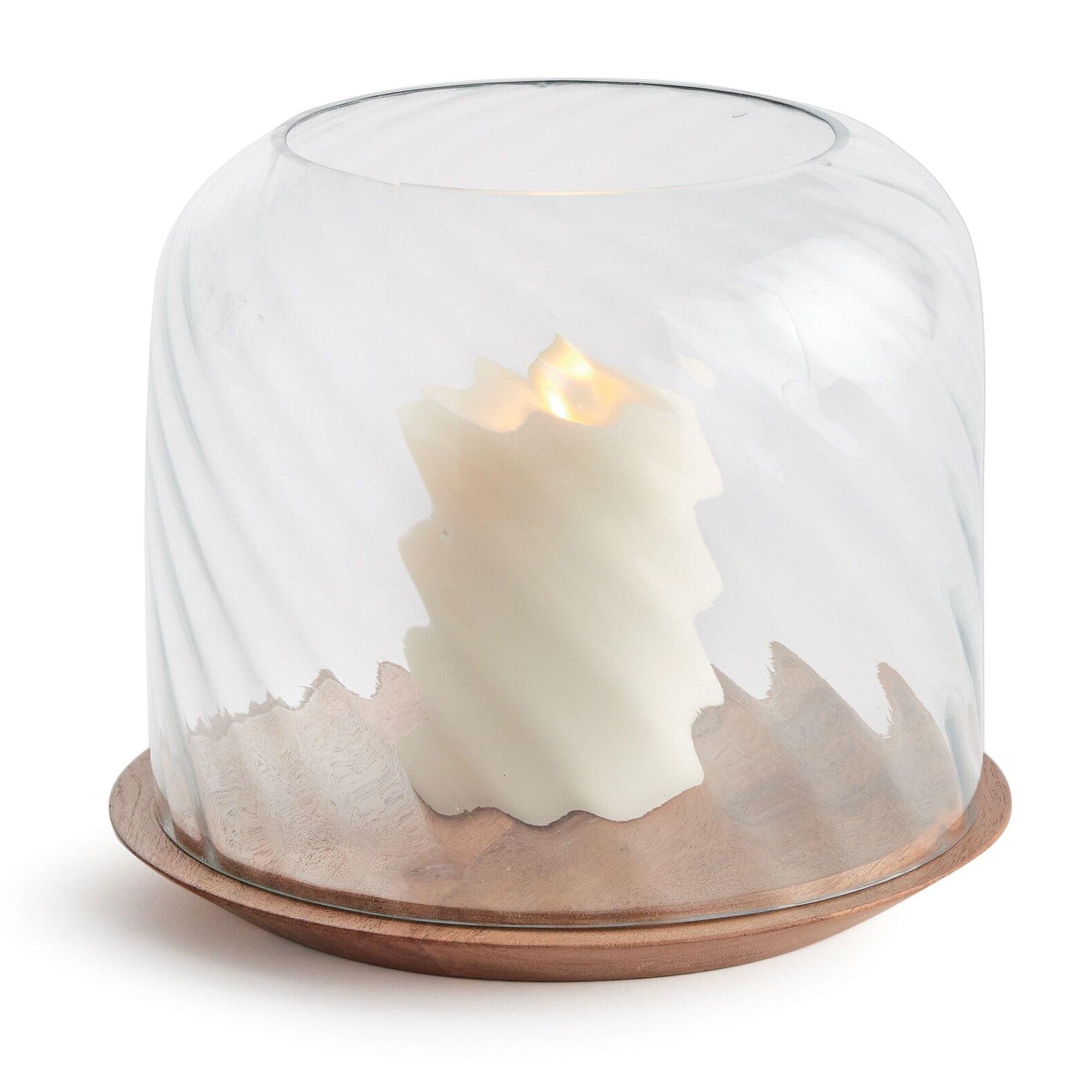 Medium Clear Glass and Acacia Wood Hurricane Candle Holder