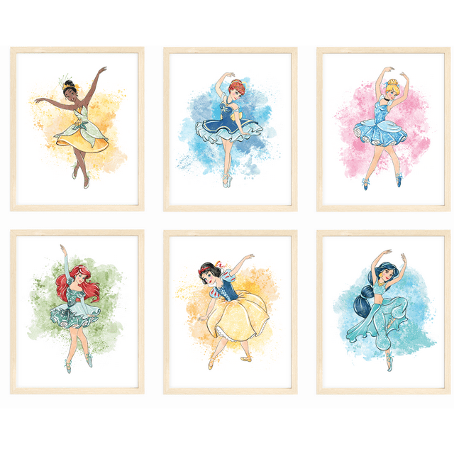 Nistio® Disney Princess Wall Art Prints, Ballerina Princess Girls Room Decor, Elsa, Cinderella, Princess Anna, Tiana, Set of 8, 8x10 inches (Unframed)