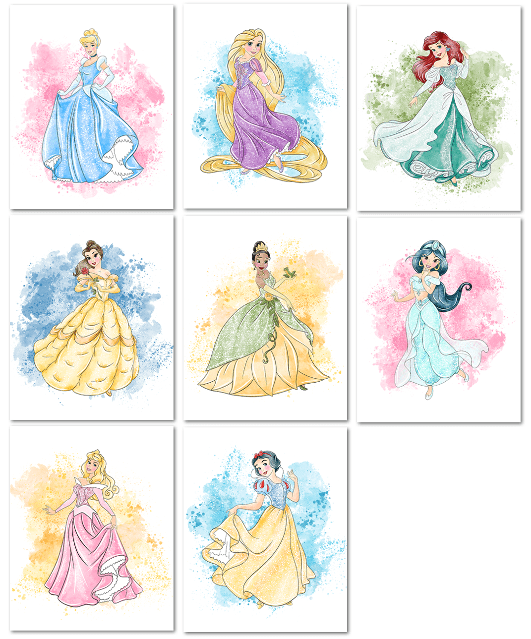 Nistio® Disney Princess Watercolor Prints, Princess Wall Art Posters, Set of 8, Girls Bedroom Poster, Princess Playroom Decor, Nursery Prints, Unframed, 8x10"