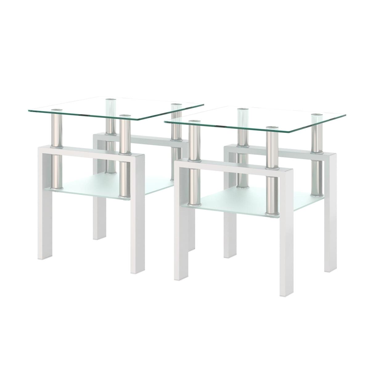 Set of 2 White Tempered Glass Square End Tables with Metal Legs