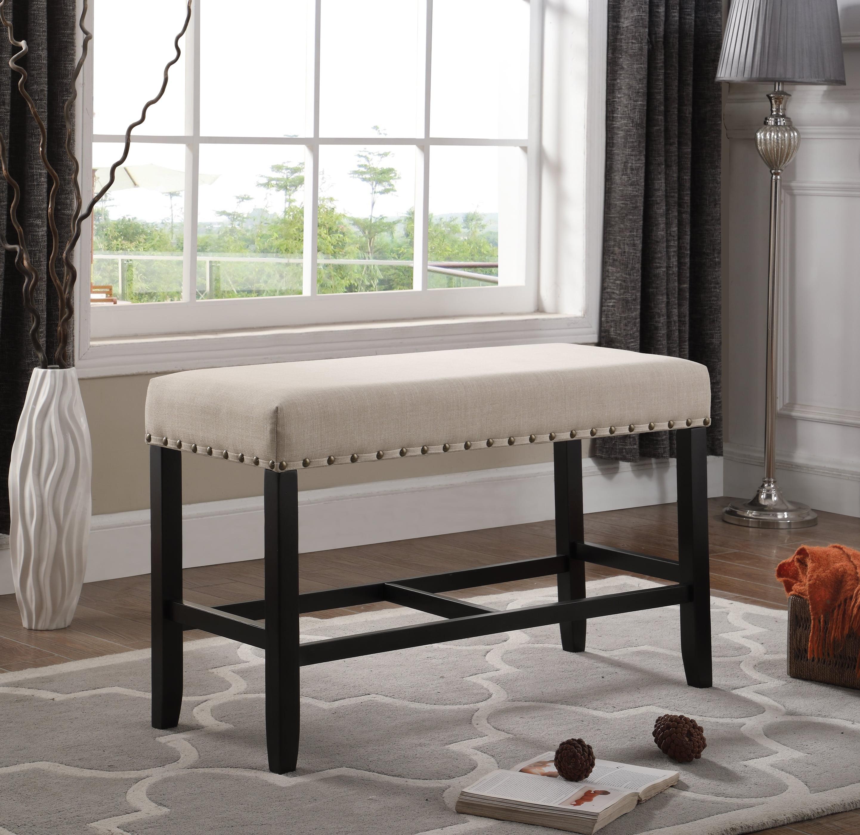 Tan Fabric and Wood Counter Height Dining Bench with Nailhead Trim