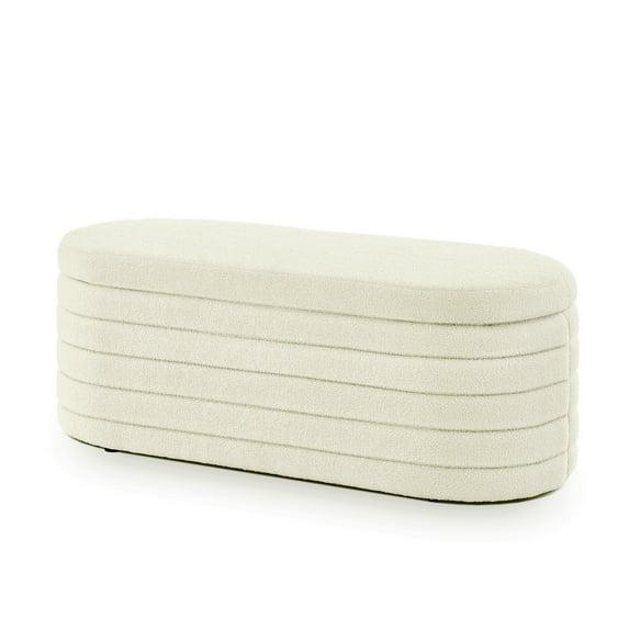Modern Oval Storage Ottoman Bench, Upholstered Boucle Teddy Fabric End Of Bed Bench With Storage, End Of Bed Stool With Safety Hinge For Bedroom, Living Room, Entryway