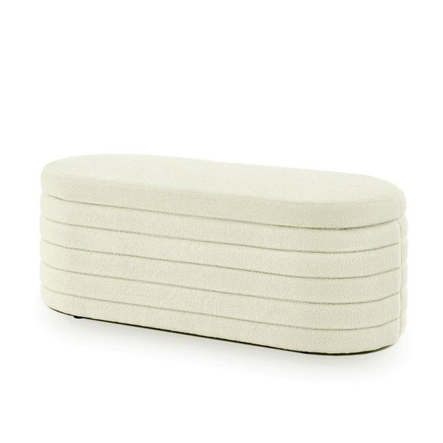 Modern Oval Storage Ottoman Bench, Upholstered Boucle Teddy Fabric End Of Bed Bench With Storage, End Of Bed Stool With Safety Hinge For Bedroom, Living Room, Entryway