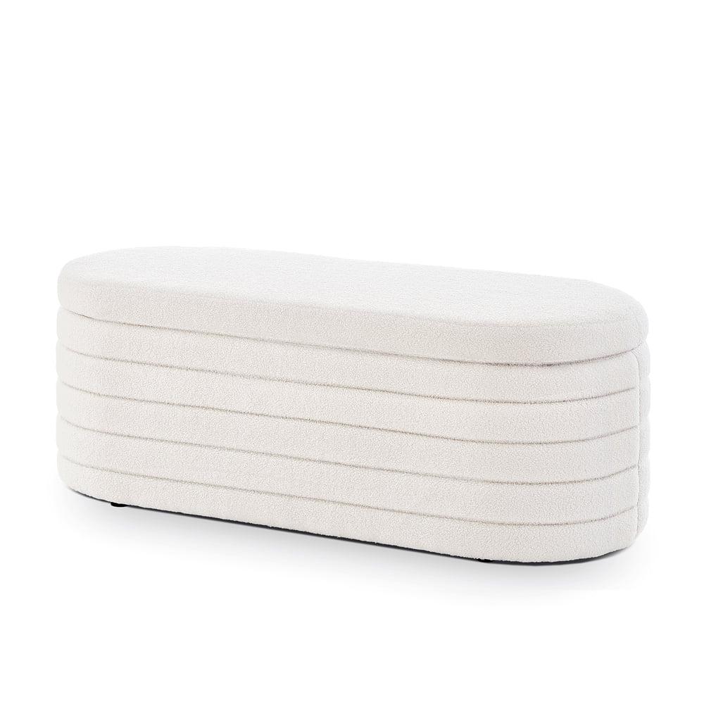 Cream White Upholstered Oval Storage Ottoman Bench