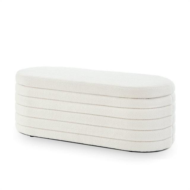 Modern Oval Storage Ottoman Bench, Upholstered Boucle Teddy Fabric End Of Bed Bench With Storage, End Of Bed Stool With Safety Hinge For Bedroom, Living Room, Entryway