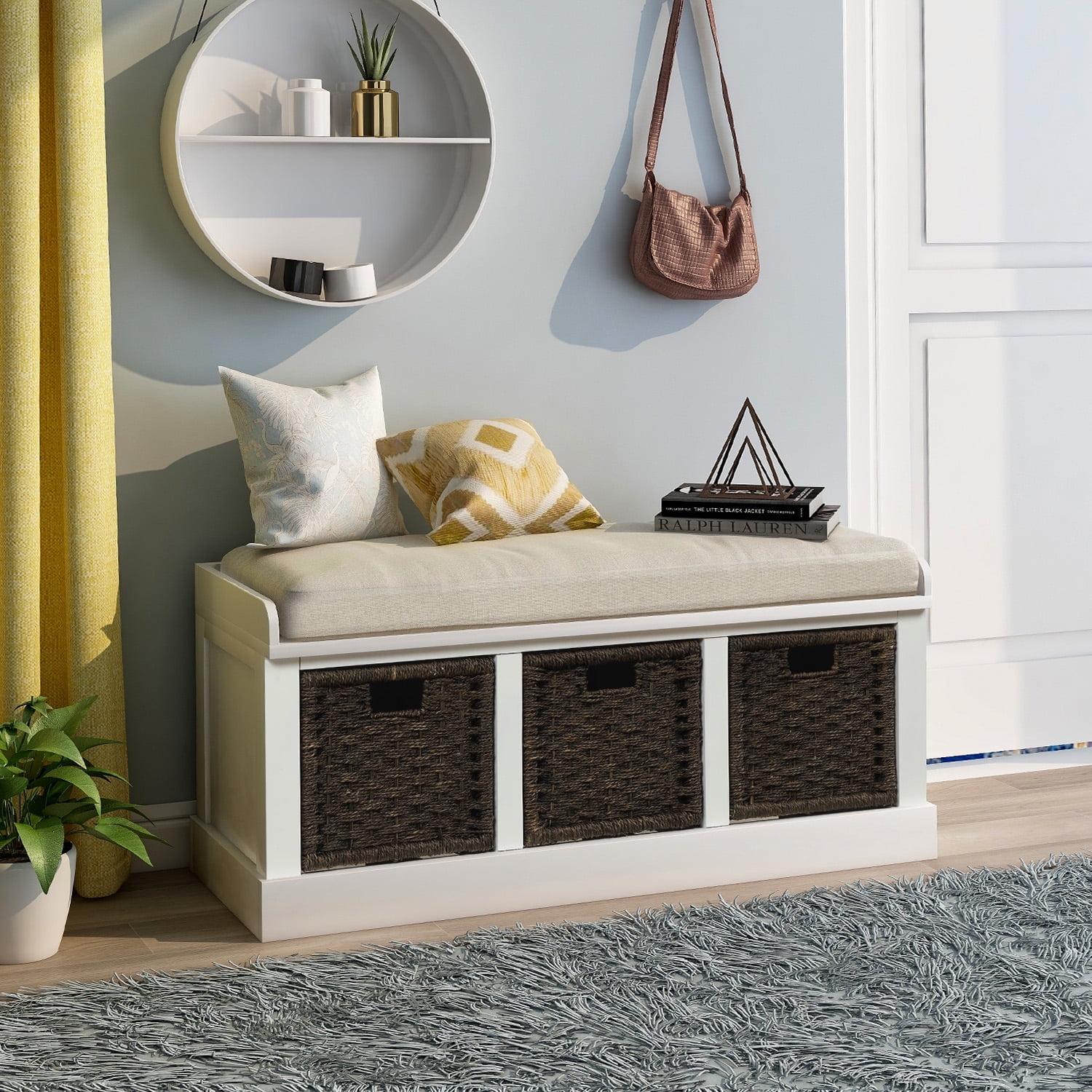 White Wood Frame Storage Bench with Beige Linen Cushion and Baskets