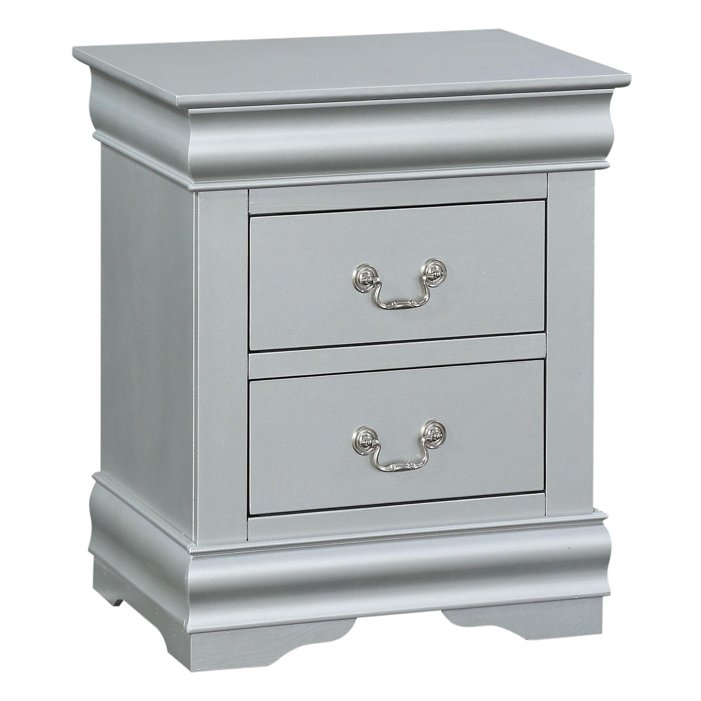 Silver Rubberwood 2-Drawer Nightstand with Metal Handles