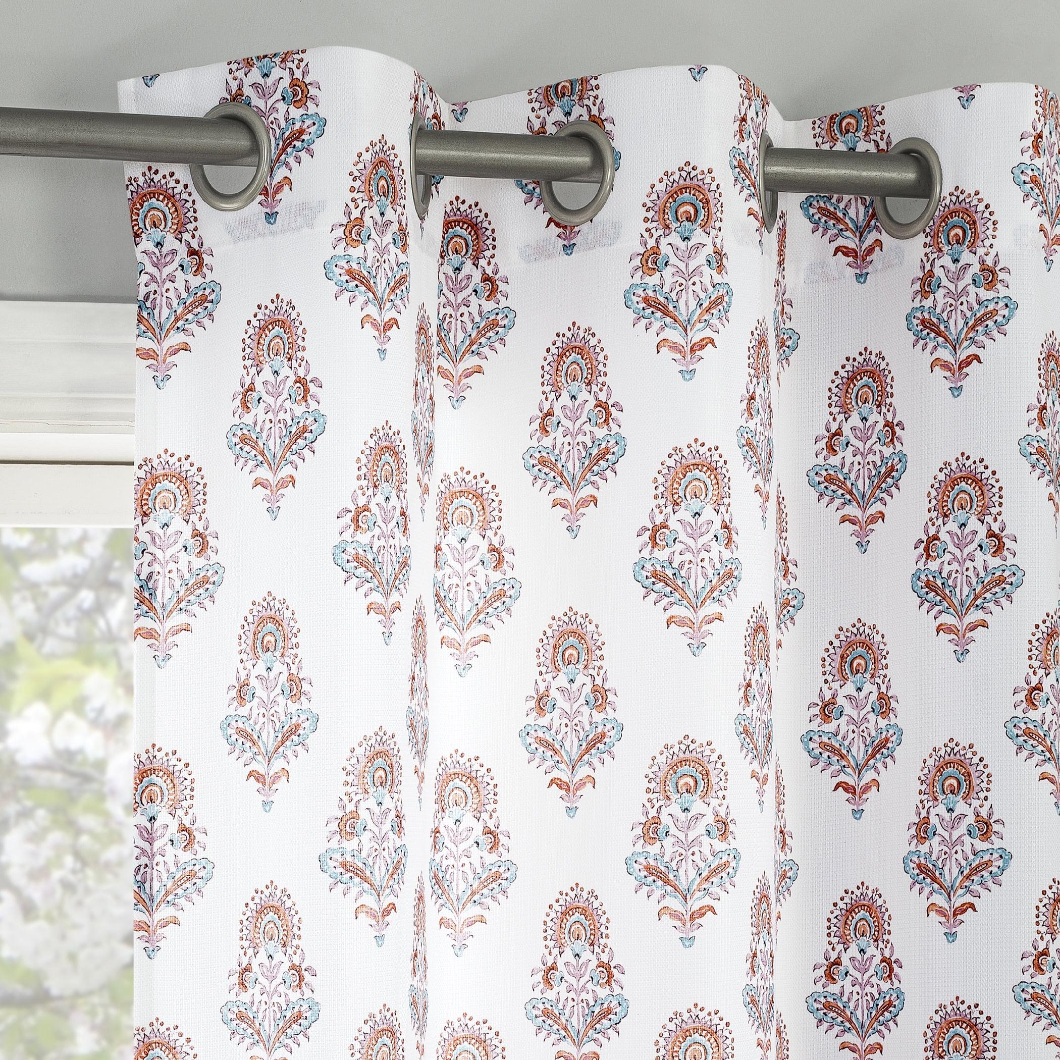 White Floral Motif Light-Filtering Grommet Curtain Panel