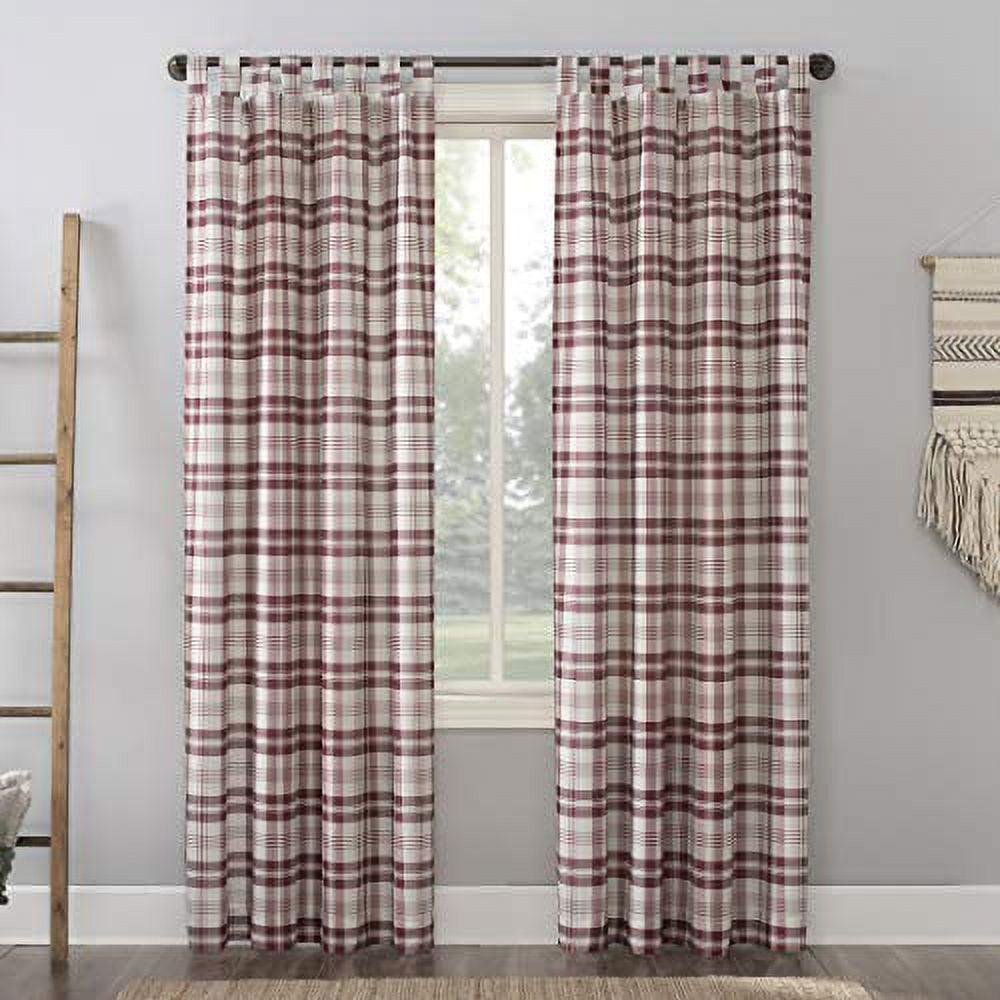 Red Plaid Sheer Tab Top Polyester Curtain Panel 52" x 84"