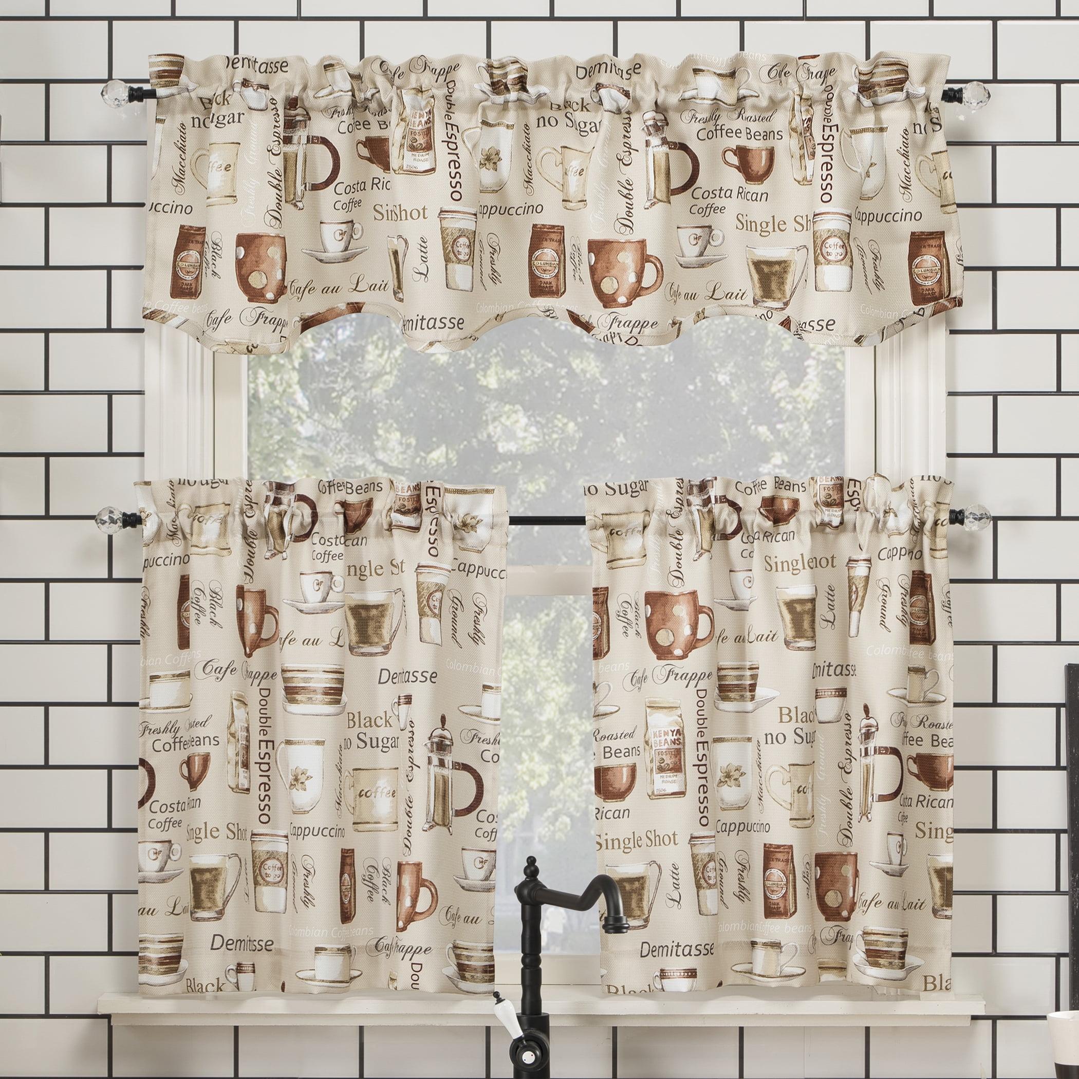 Ivory Coffee Shop Print Semi-Sheer Rod Pocket Kitchen Curtain Set