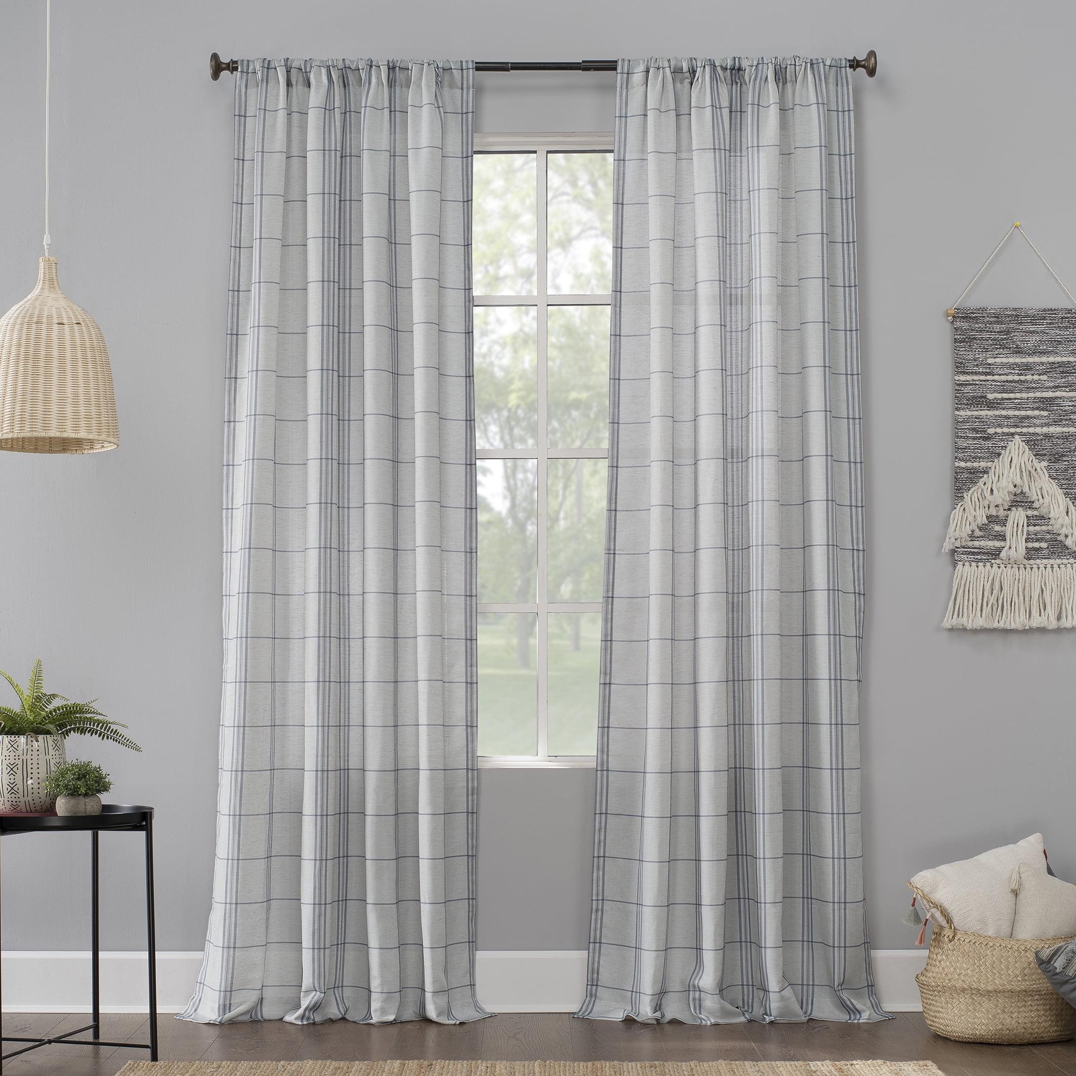 No. 918 Castille Farmhouse Plaid Linen Semi-Sheer Rod Pocket Curtain Panel, 54"x84", Blue