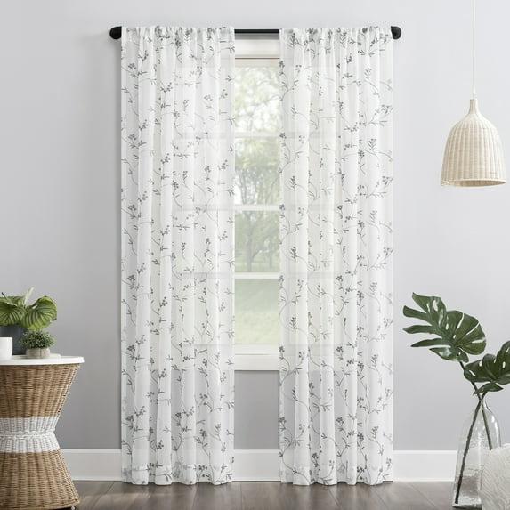 84"x50" Delia Embroidered Floral Sheer Rod Pocket Curtain Panel White - No. 918: Modern Botanical Indoor Curtain