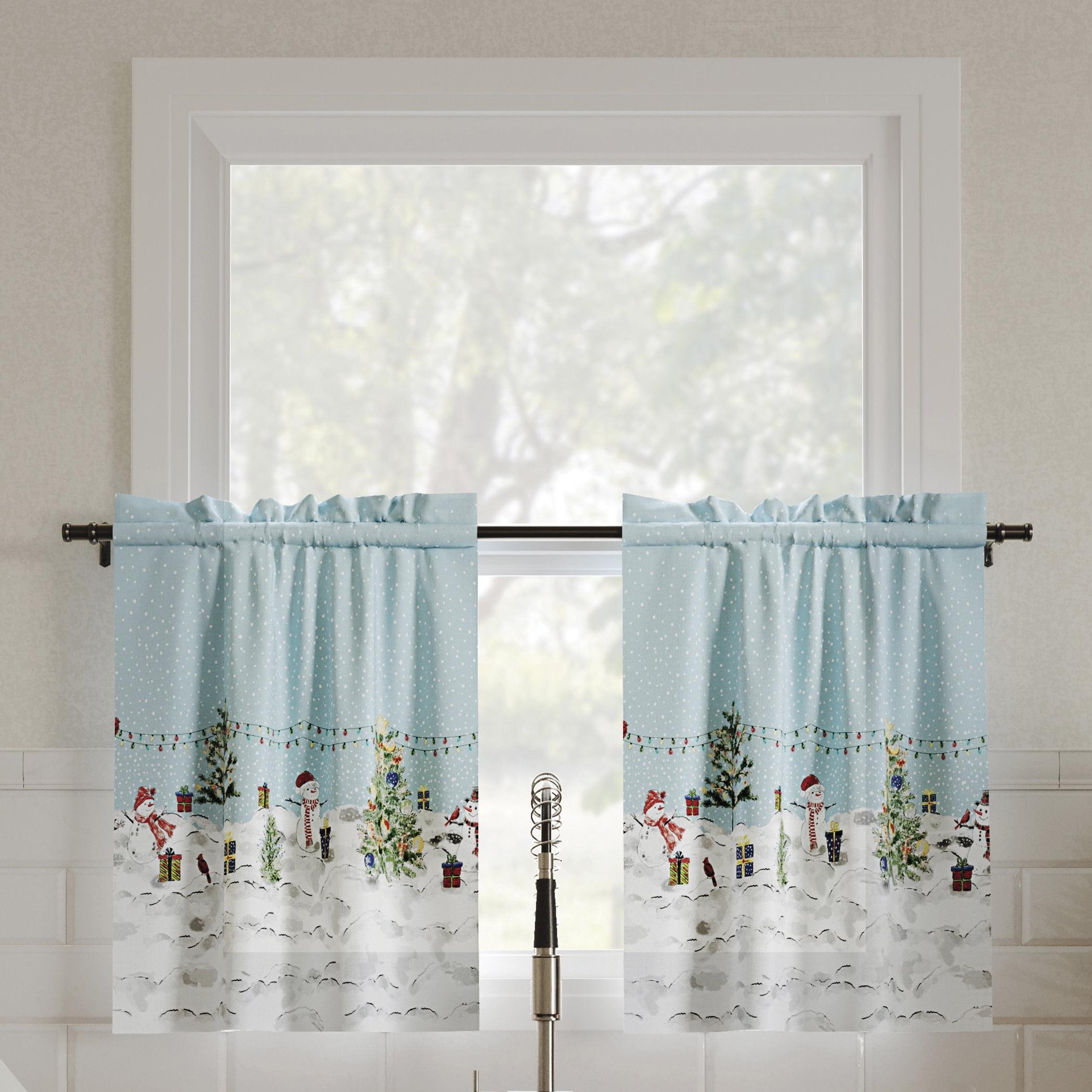 Blue Semi-Sheer Holiday Rod Pocket Kitchen Curtains, 54" x 24"