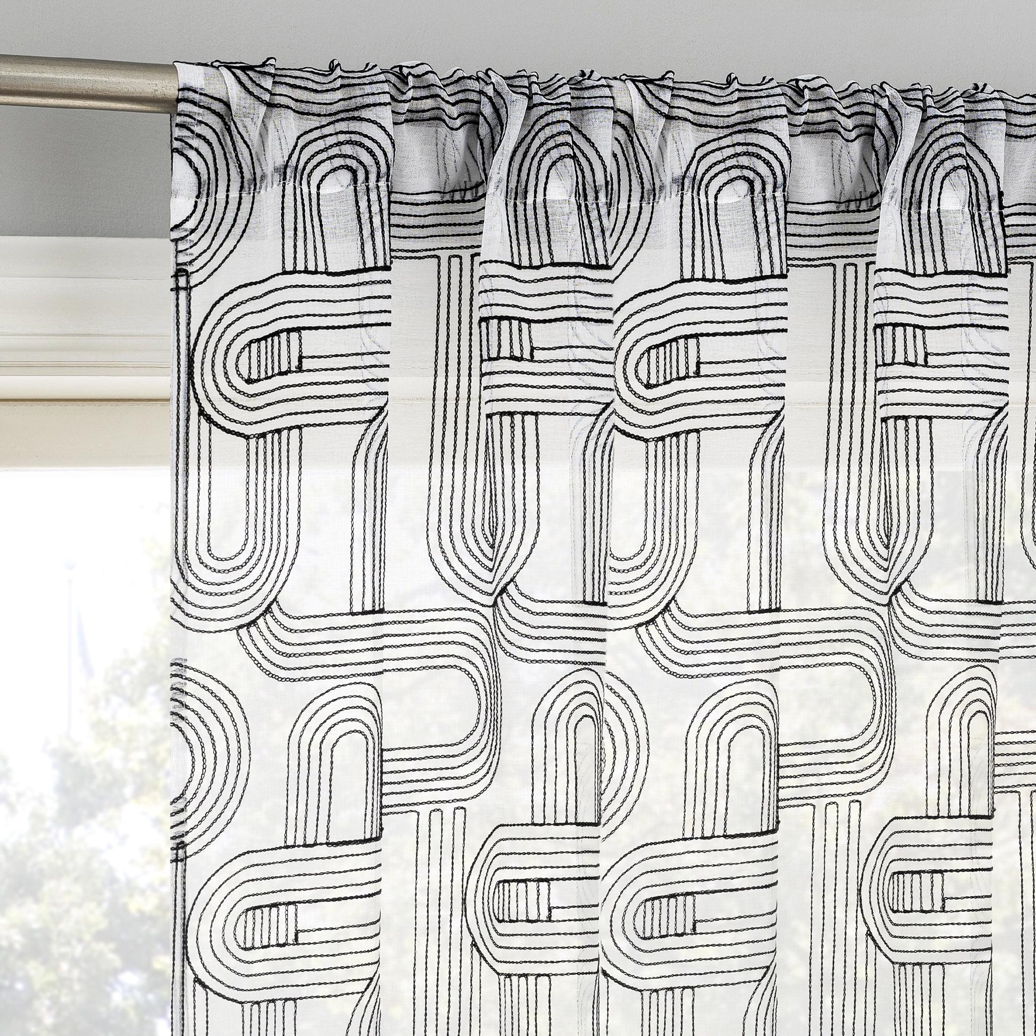 50"x63" No. 918 Sheer Kaz Embroidered Retro Curves Rod Pocket Curtain Panel Black/White: Vintage Polyester Curtain