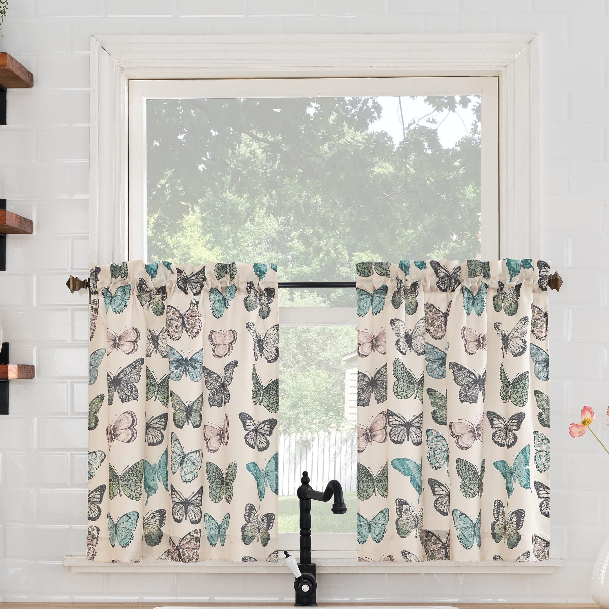 2pc 56"x24" No. 918 Sheer Magdalena Butterfly Print Rod Pocket Kitchen Curtain Tier Pair: Polyester, Machine Washable