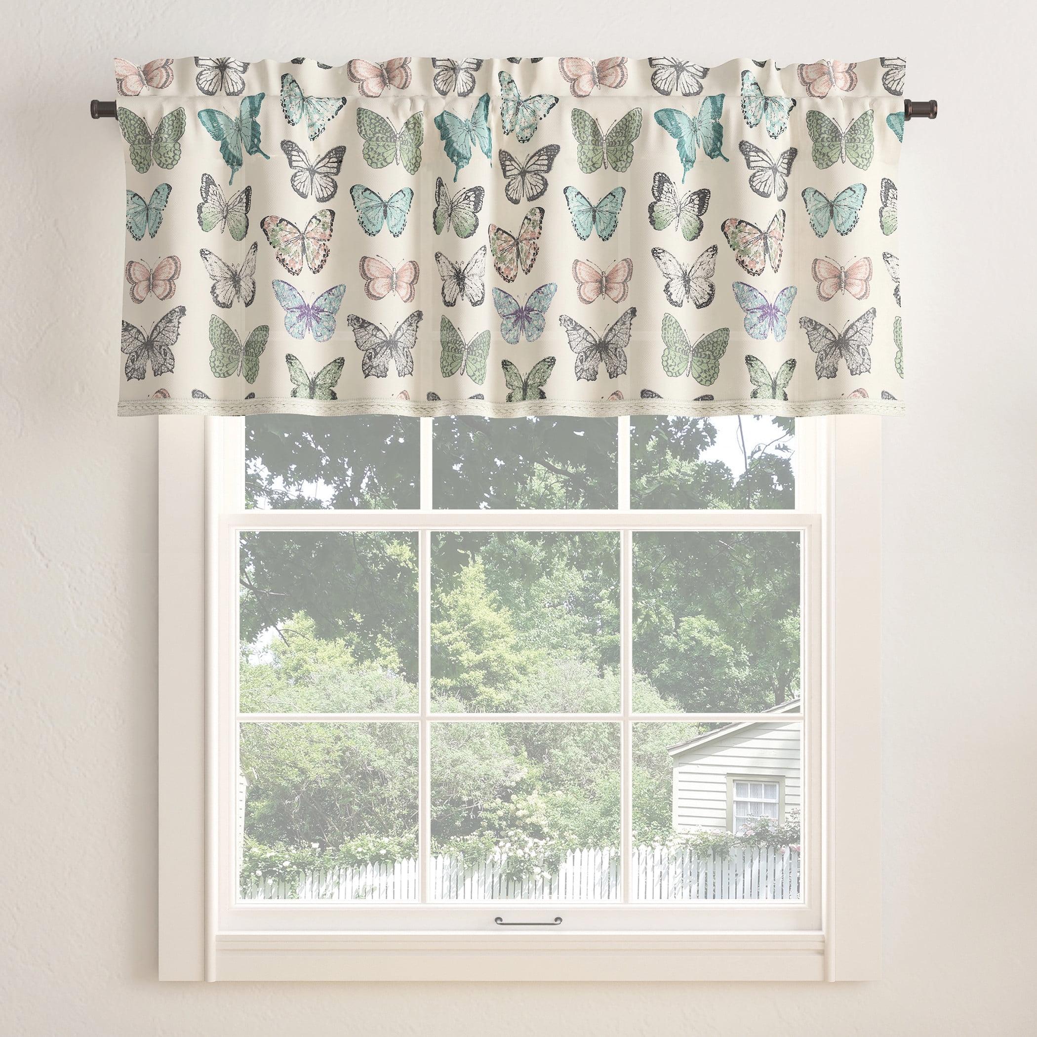 No. 918 Magdalena Butterfly Print Embroidered Trim Semi-Sheer Rod Pocket Curtain Valance, 54"x18", Blue