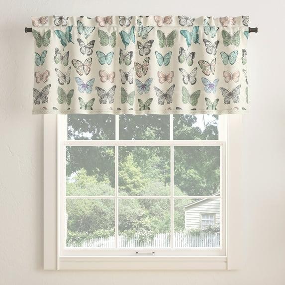 No. 918 Magdalena Butterfly Print Embroidered Trim Semi-Sheer Rod Pocket Curtain Valance, 54"x18", Blue