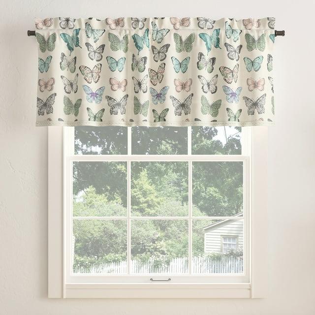 No. 918 Magdalena Butterfly Print Embroidered Trim Semi-Sheer Rod Pocket Curtain Valance, 54"x18", Blue