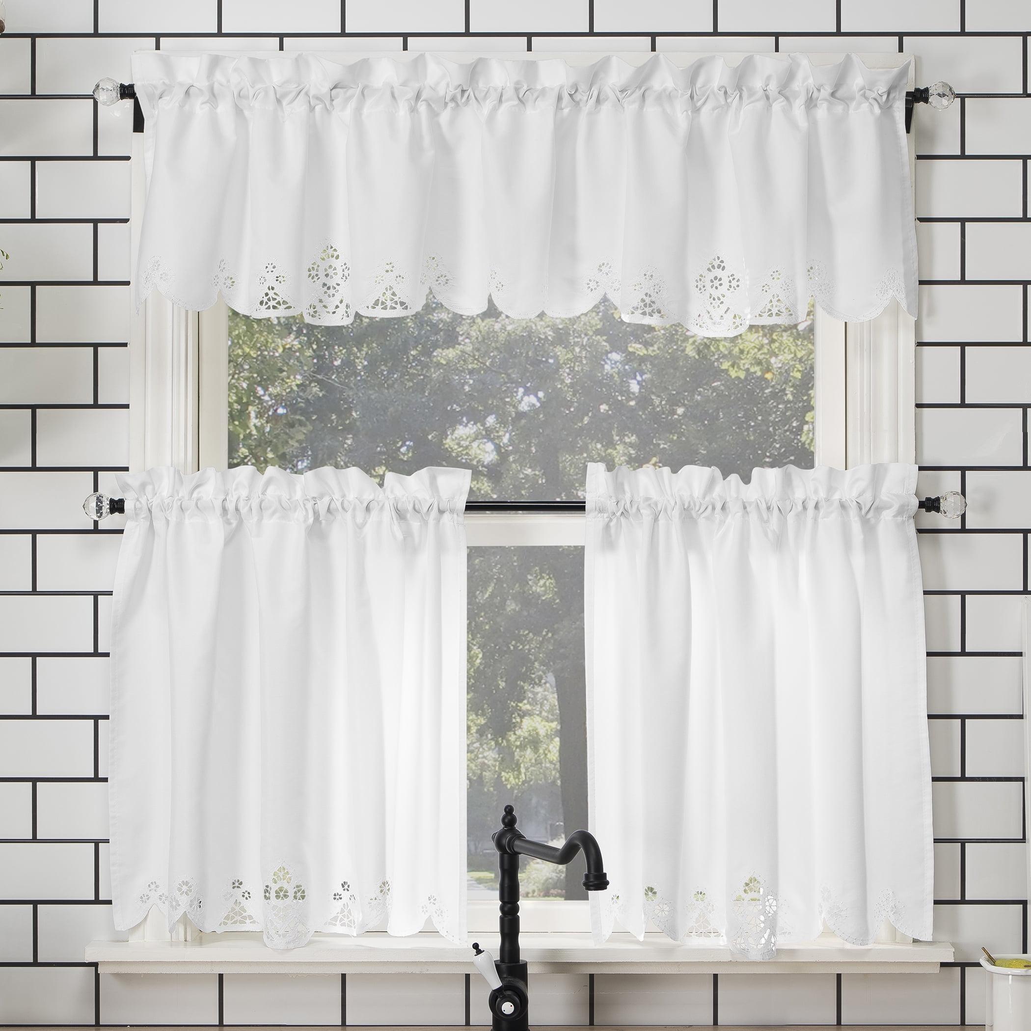 No. 918 Mariela Floral Trim Semi Sheer Rod Pocket Kitchen Curtain Set 58" x 24" in White