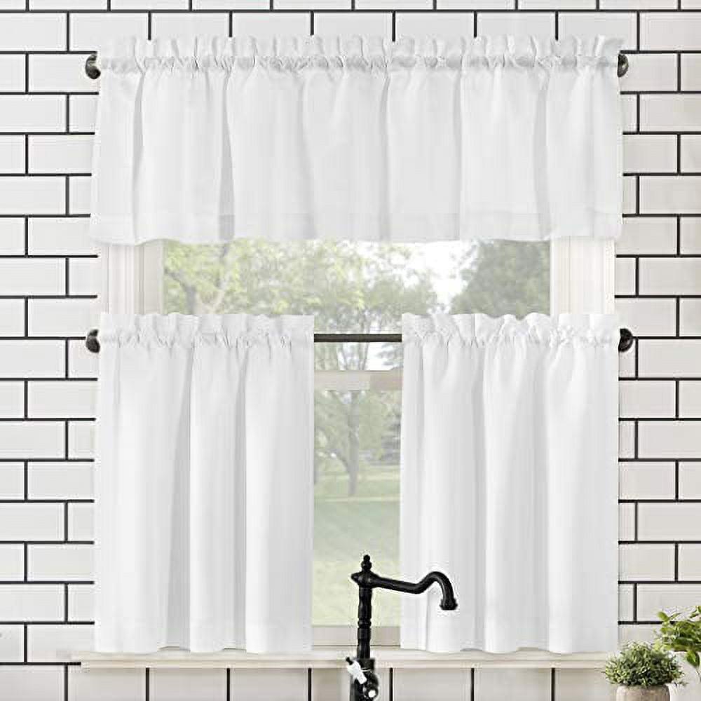 White Sheer Polyester Rod Pocket Kitchen Curtain Set