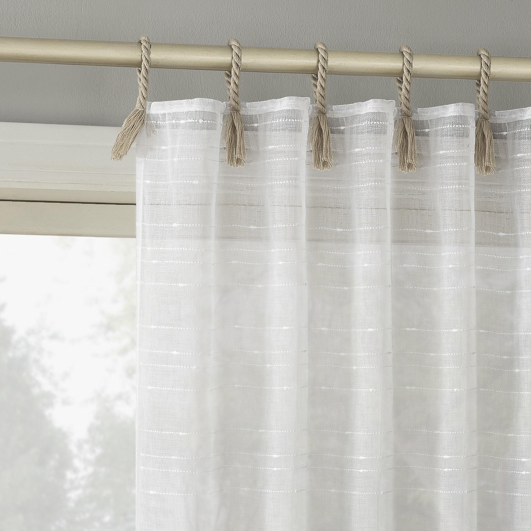 White Polyester Light-Filtering Rope Tab Top Curtain Panel, 50" x 84"