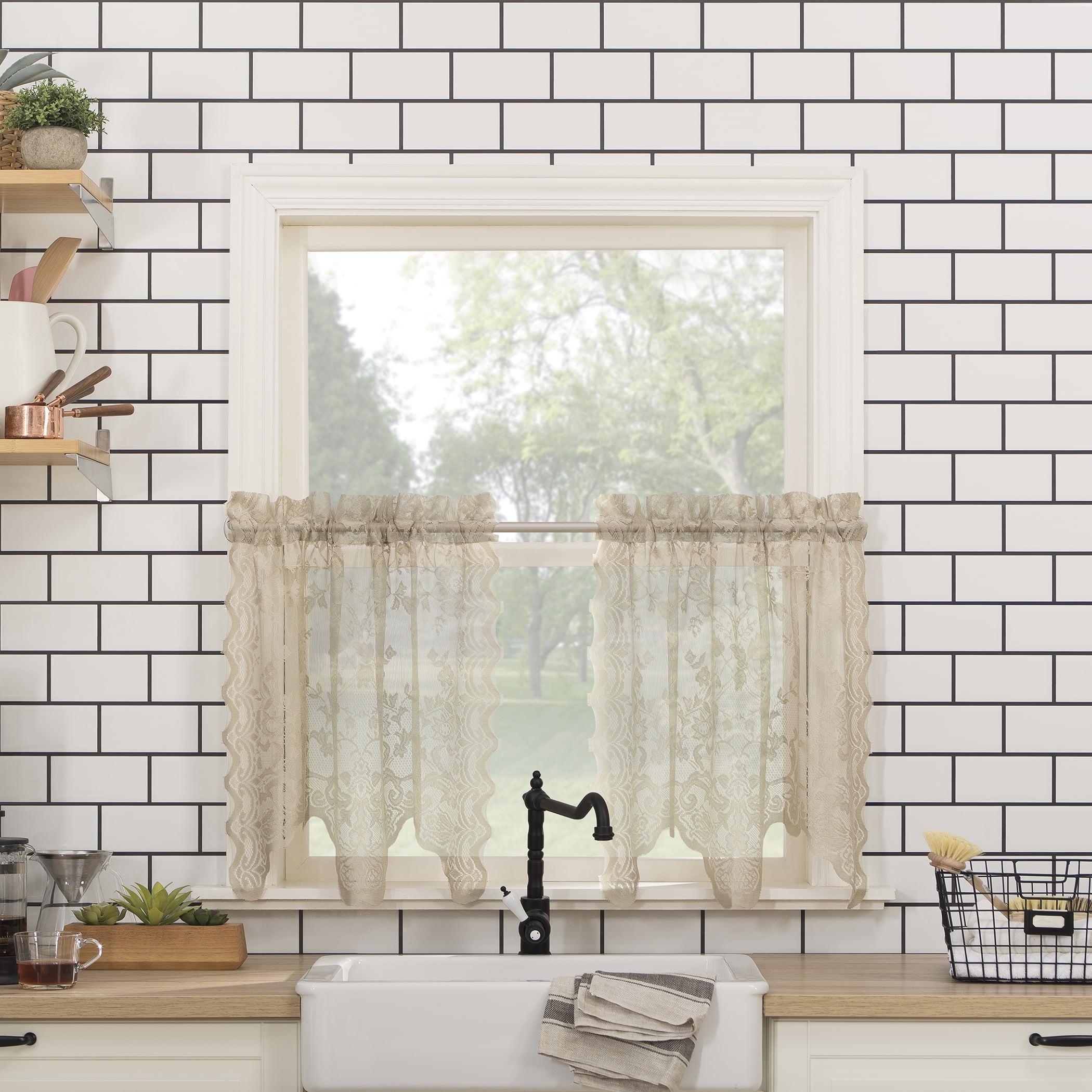 2pc 58"x24" No. 918 Sheer Alison Floral Lace Rod Pocket Kitchen Curtain Tier Pair Beige: Kitchen Window Curtains