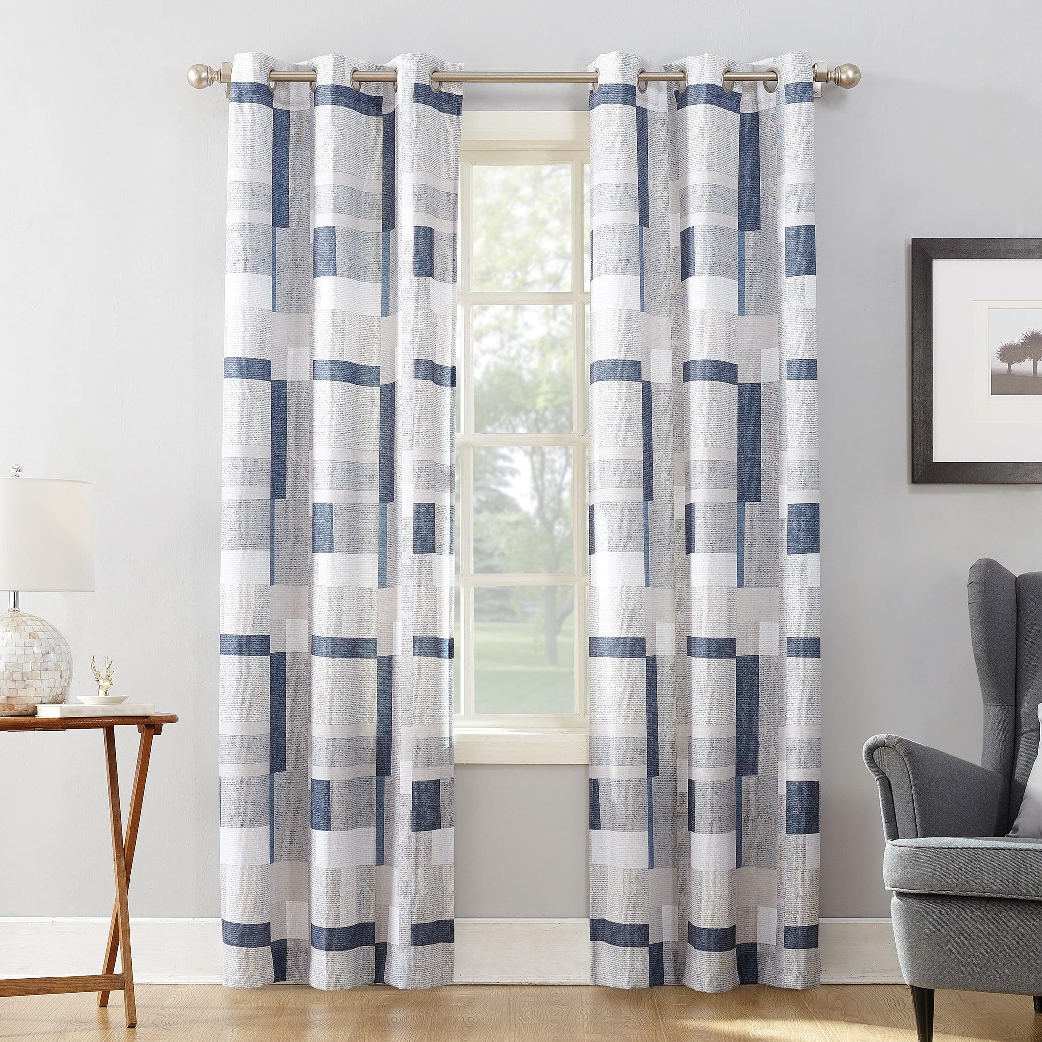 Navy Geometric Blocks Light-Filtering Grommet Curtain Panel