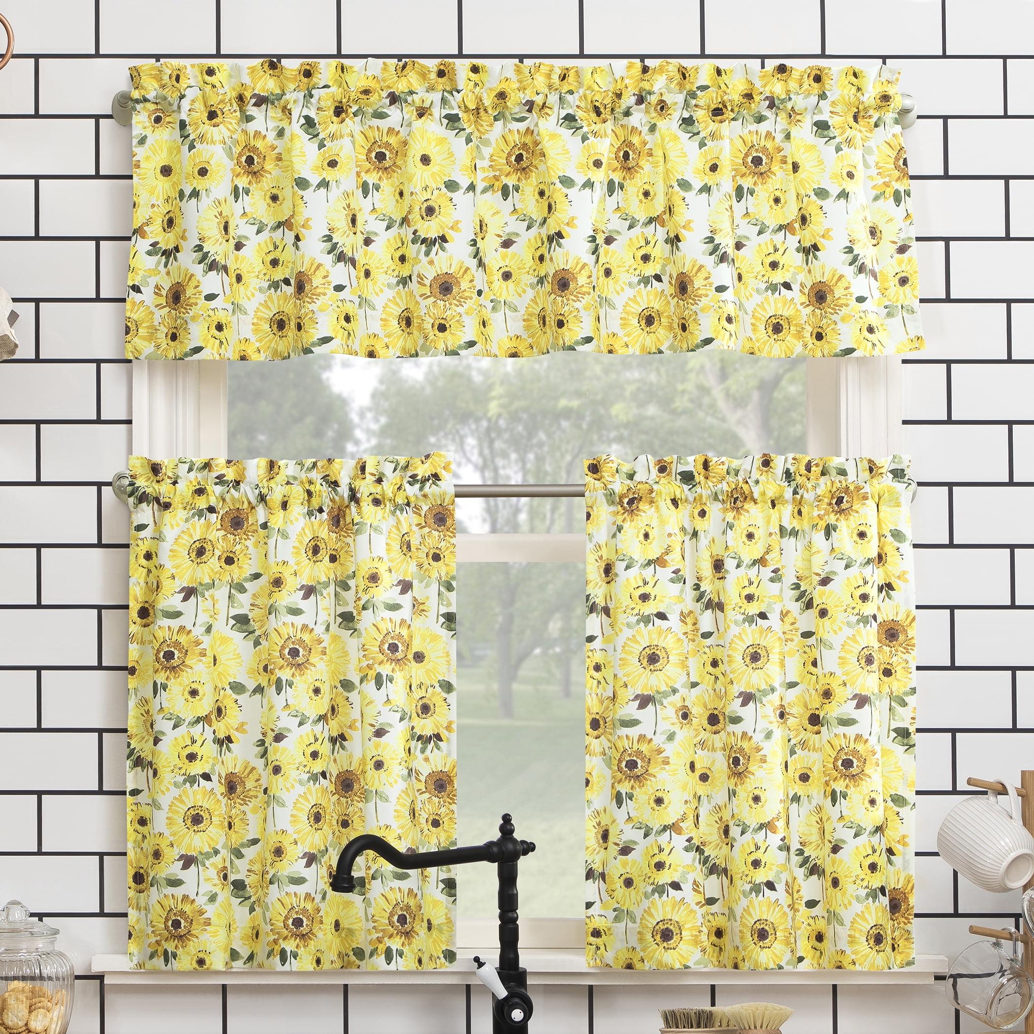 24"x54" Sunflower Print Semi Sheer Rod Pocket Kitchen Curtain Valance and Tiers Set Yellow - No. 918: Floral Botanical Design