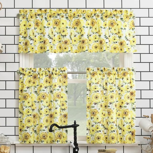 24"x54" Sunflower Print Semi Sheer Rod Pocket Kitchen Curtain Valance and Tiers Set Yellow - No. 918: Floral Botanical Design