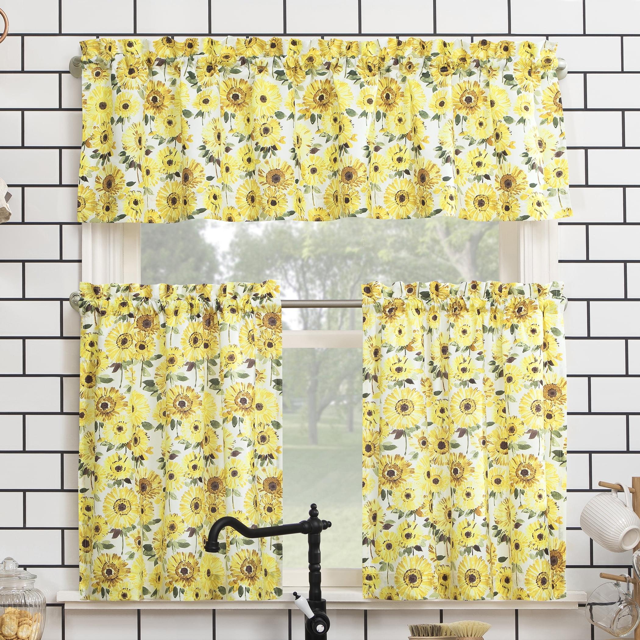 Sunflower Print Semi Sheer Rod Pocket Kitchen Curtain Valance and Tiers Set Yellow - No. 918