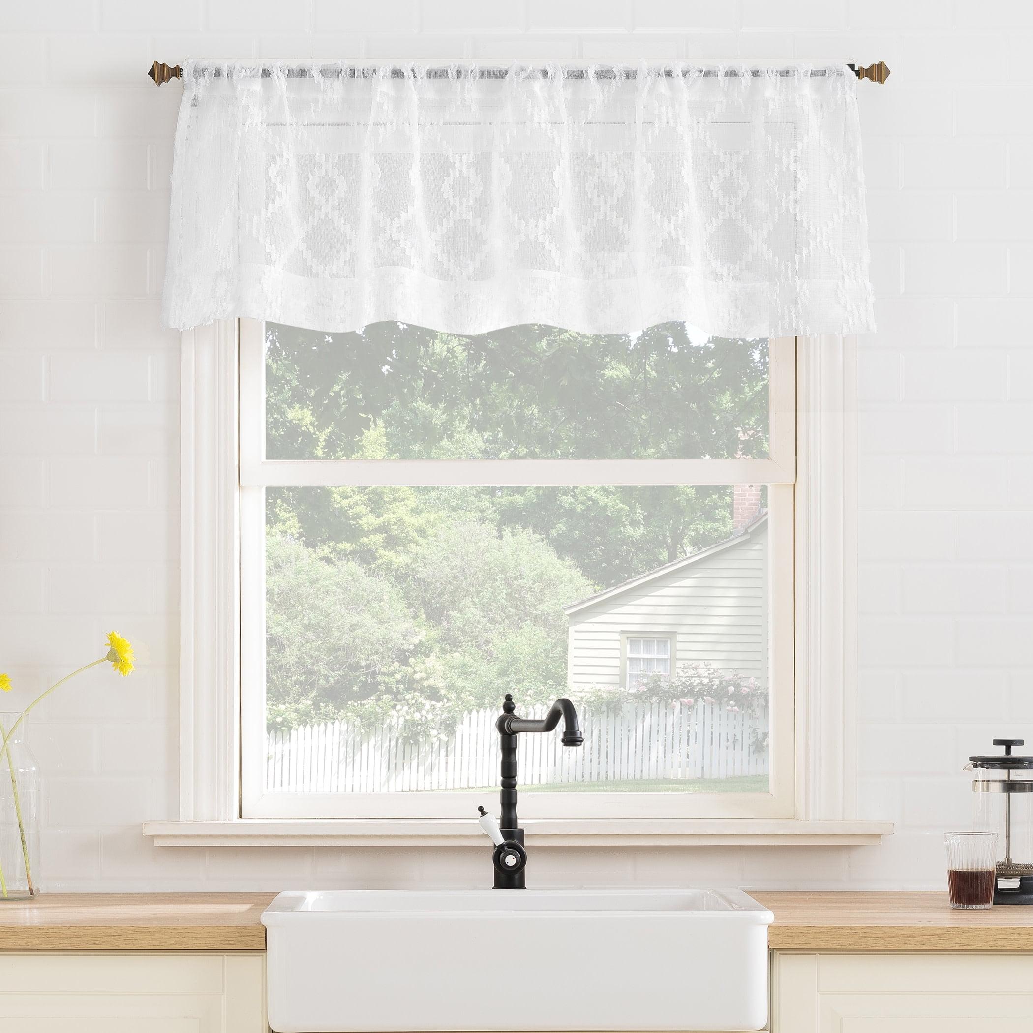 White Geometric Semi-Sheer Rod Pocket Kitchen Valance, 54" x 15"