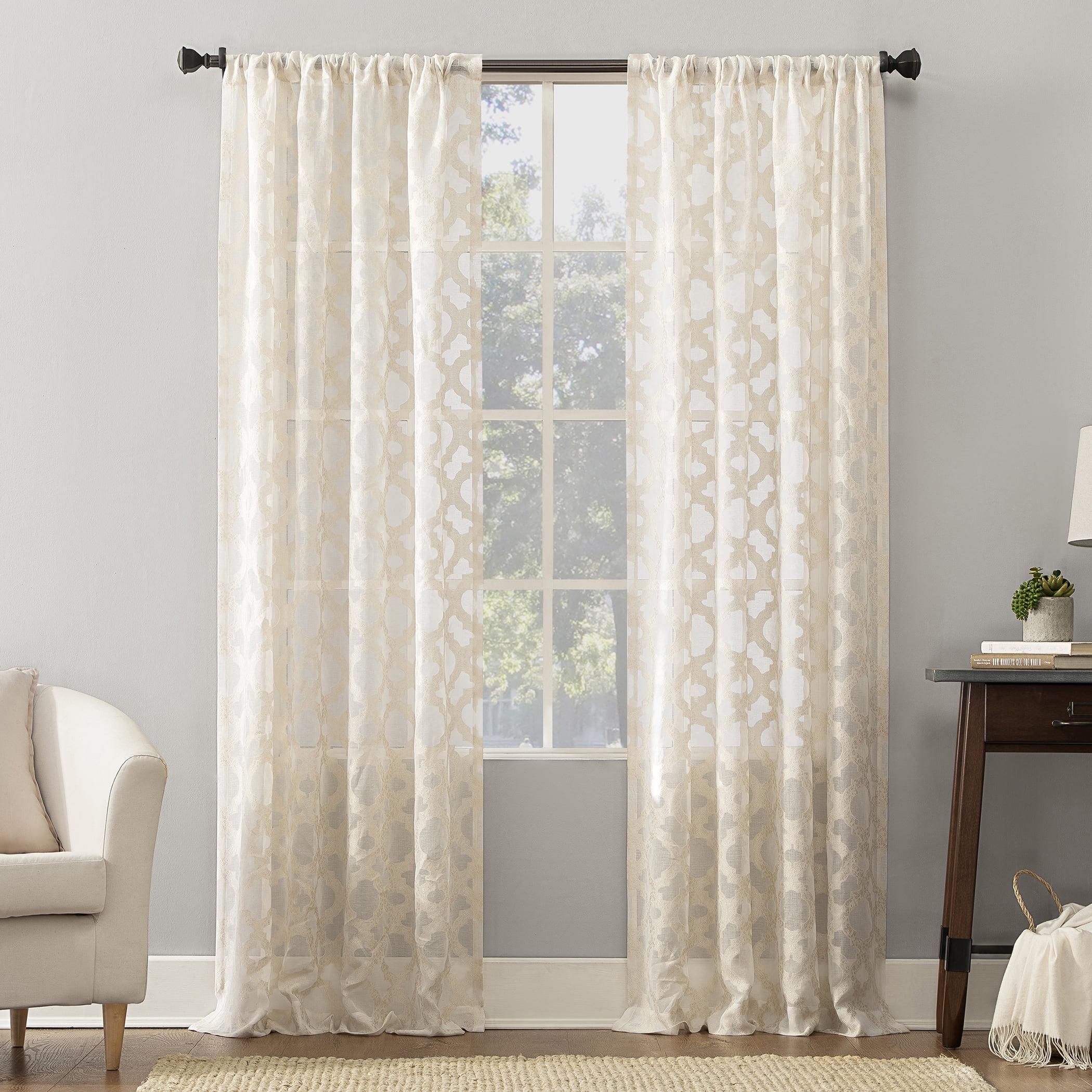 Cream Off-White Sheer Lace Detail Rod Pocket Drapes