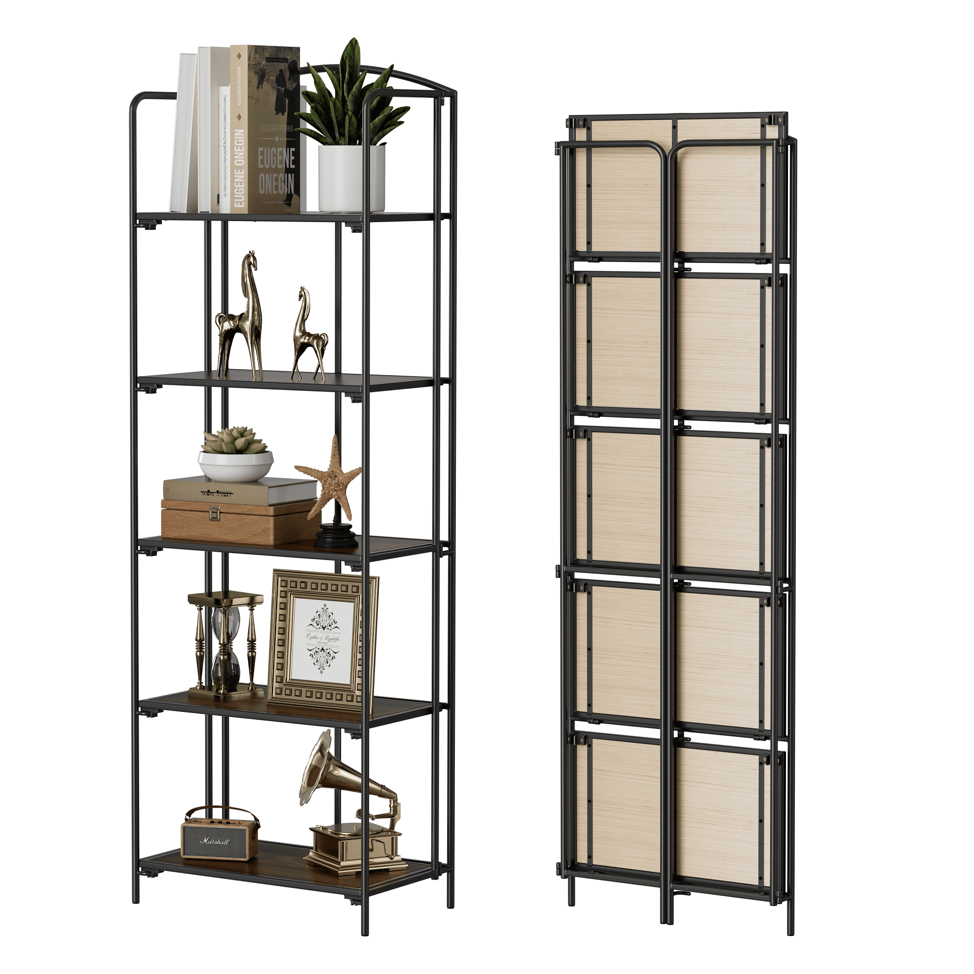 Black and Oak 5-Tier Folding Bookshelf with Metal Frame