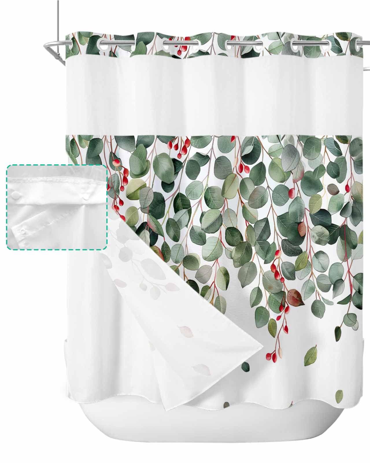 No Hook Shower Curtain with Snap in Liner, Eucalyptus Leaf Vintage Sage Green Leaves Hotel Shower Curtains for Bathroom, Washable Shower Curtain Liner Set with Mesh Top Window, 66"x72"