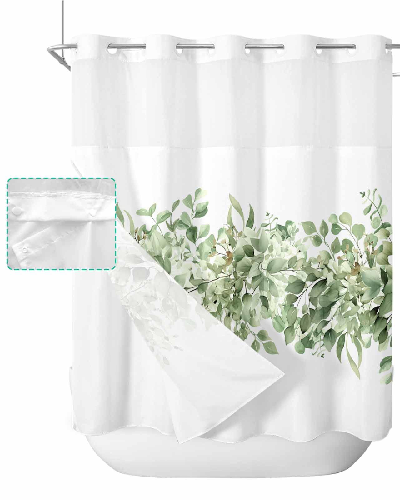 No Hook Shower Curtain with Snap in Liner, Eucalyptus Leaf Vintage Sage Green Leaves Hotel Shower Curtains for Bathroom, Washable Shower Curtain Liner Set with Mesh Top Window, 66"x72"