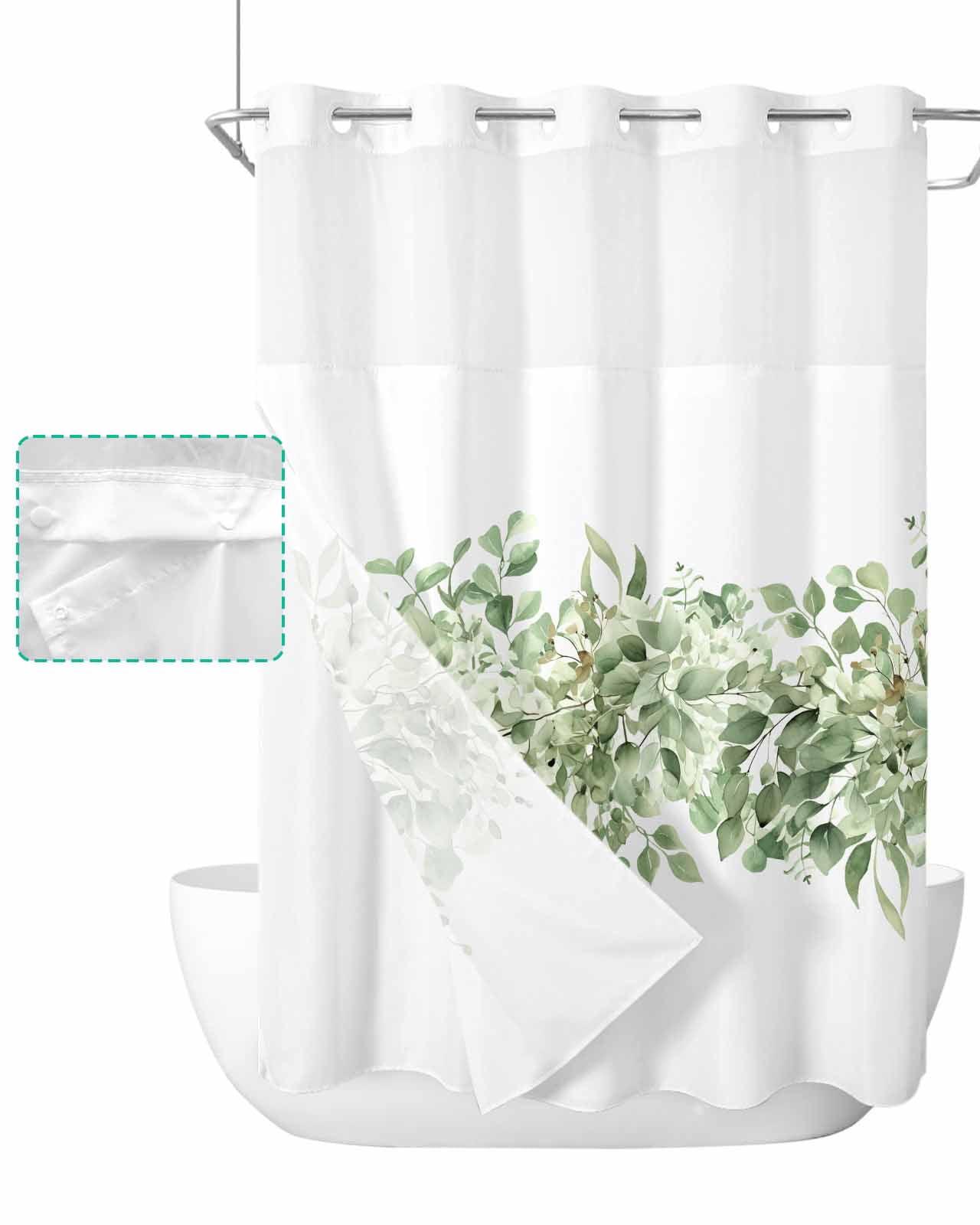 No Hook Shower Curtain with Snap in Liner, Eucalyptus Leaf Vintage Sage Green Leaves Hotel Shower Curtains for Bathroom, Washable Shower Curtain Liner Set with Mesh Top Window, 66"x72"