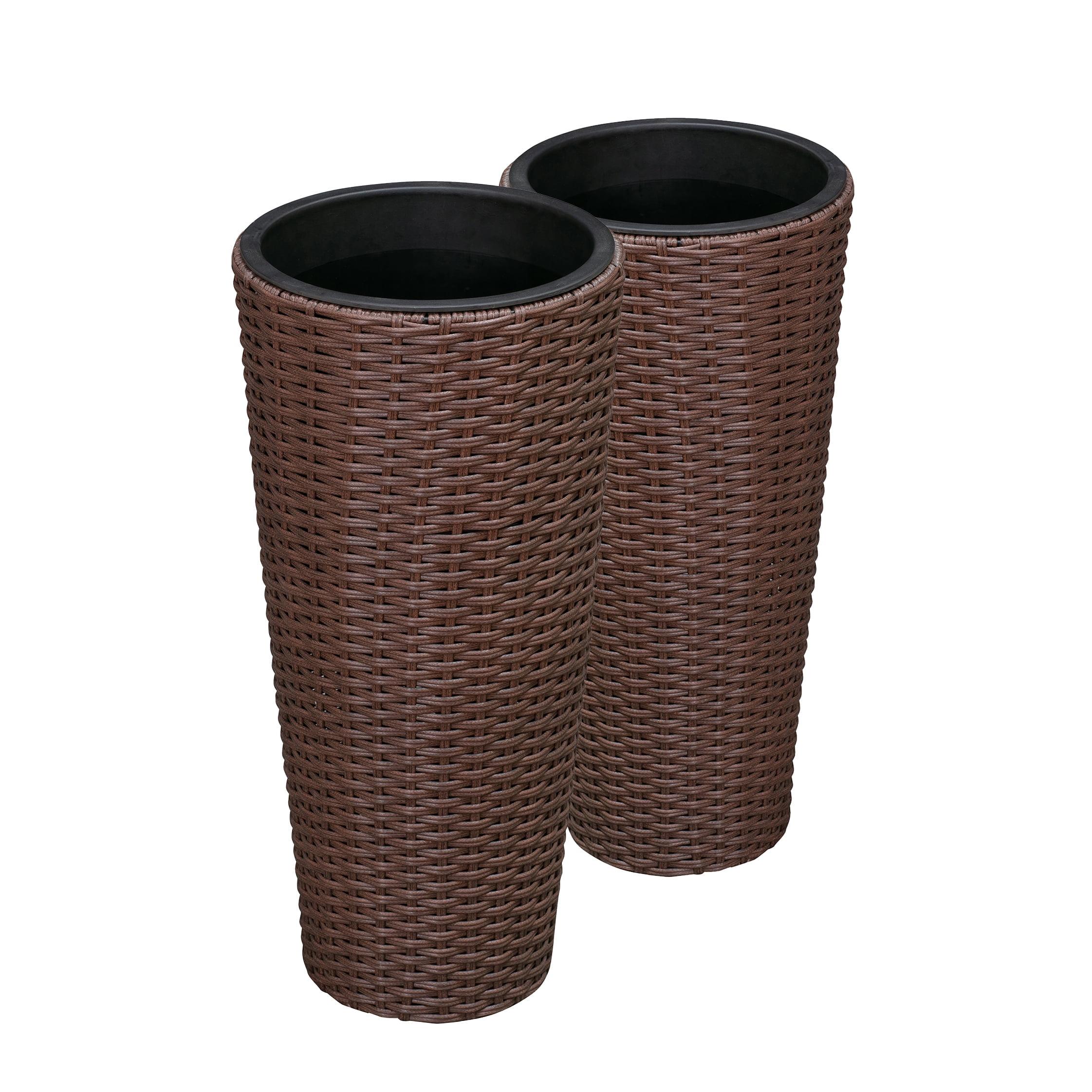 Balkene Home Noah All-Weather Wicker Planter Set with Liners Tall Plant Decor Box for Outdoors & Indoors Patio Herb Garden - 2 Piece Set – Mocha