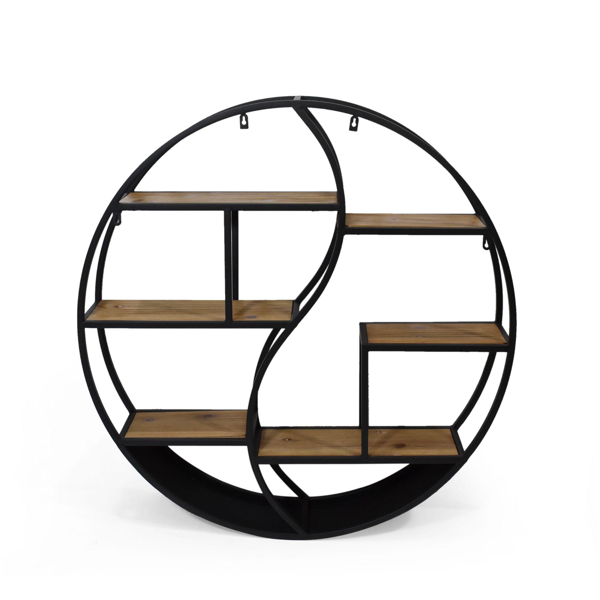 34.25" Black Iron and Wood Round Floating Wall Shelf